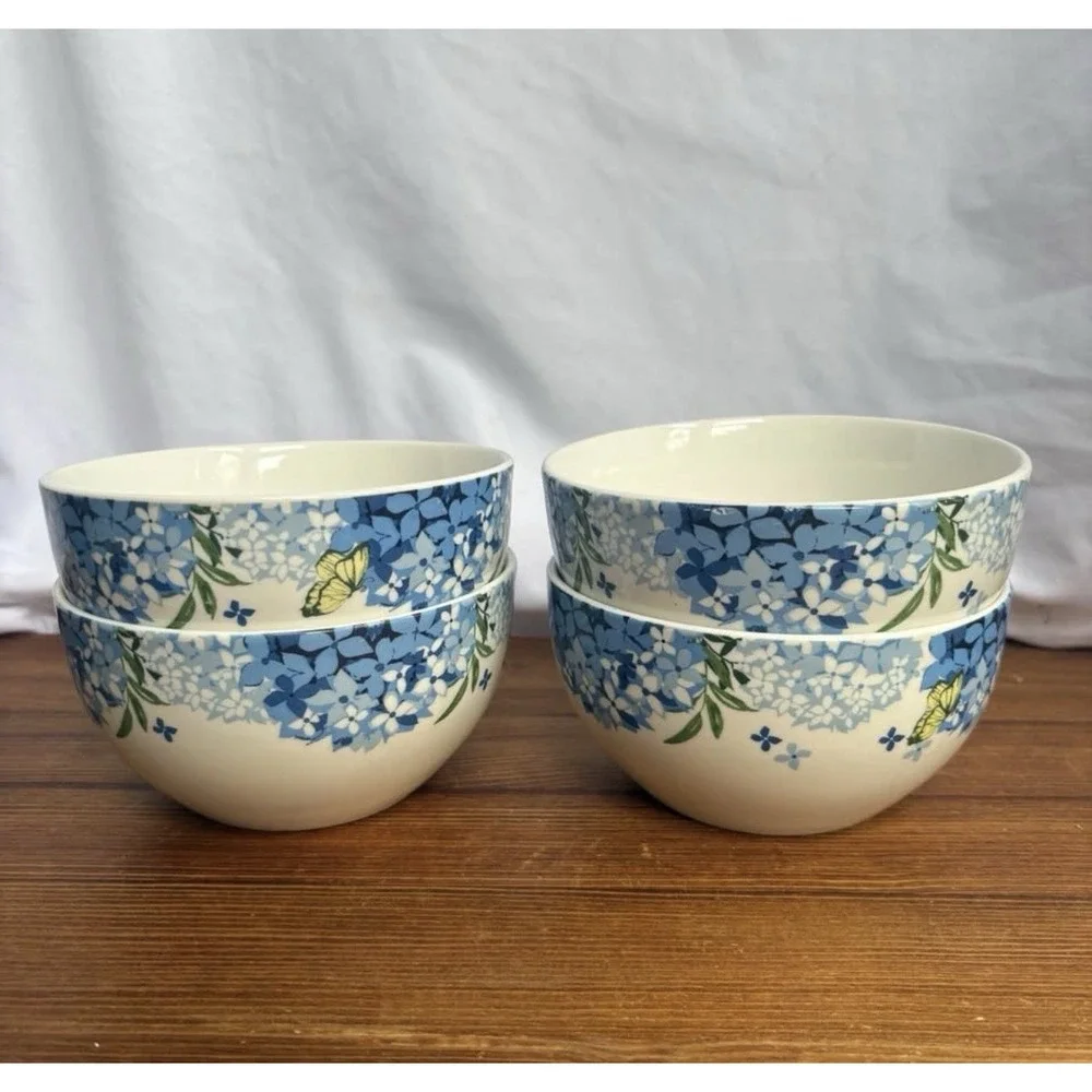 Royal Norfolk Blue Hydrangea Butterfly Floral Bowls Set of 4 Ceramic 5.5